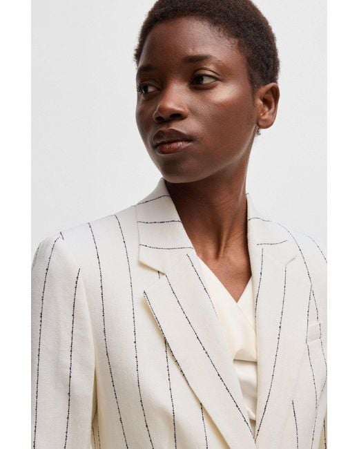 Boss White Slim-Fit Blazer Aus Gestreiftem Leinen-Mix Mit Bouclé-Struktur
