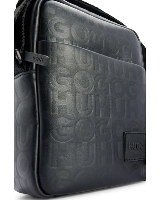 HUGO Black Reporter Bag In Faux Leather With Repeat-logo Motif for men