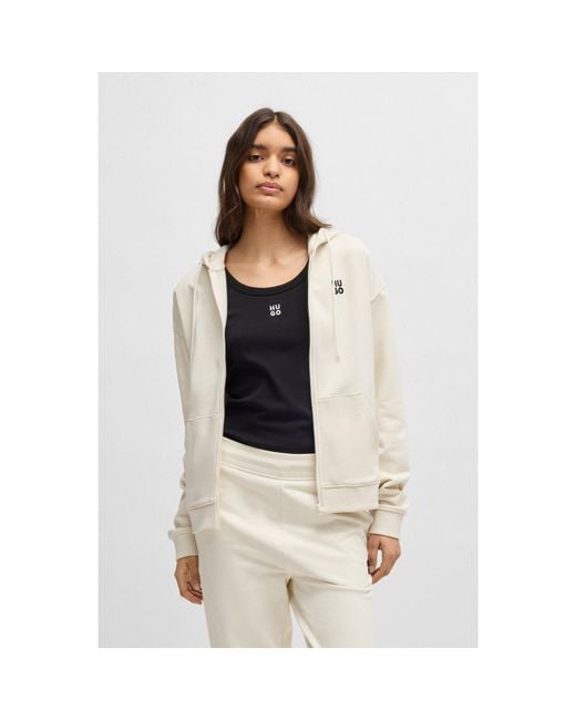 HUGO White Cotton-Terry Zip-Up Hoodie With Embroidered Stacked Logo