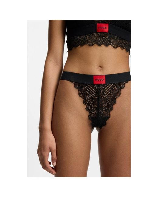 HUGO Black Lace Thong With Logo Label