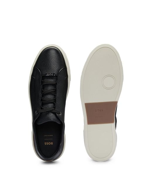 Boss Black Hammered Leather Sneakers With Contrasting Details for men