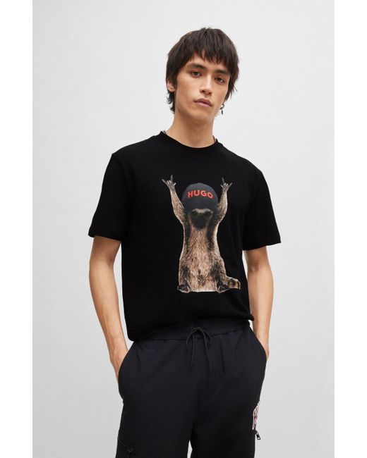HUGO T-Shirt aus Baumwoll-Jersey mit saisonalem Artwork in Black für Herren