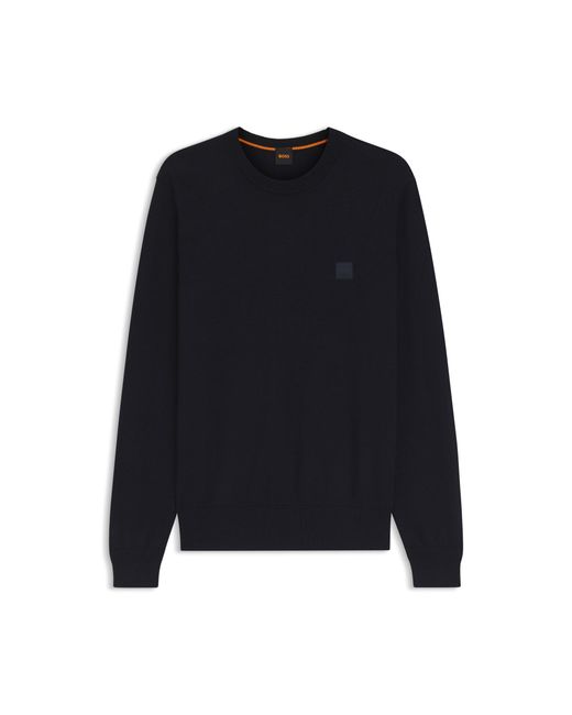 Boss Blue Cotton-Blend Sweater With Logo Patch for men