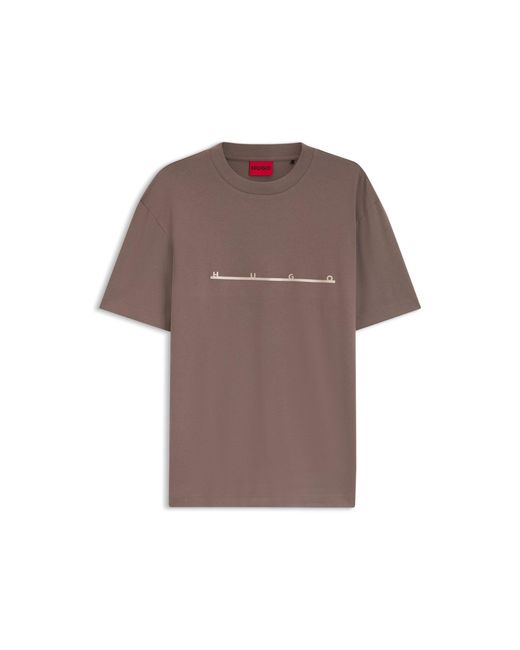 HUGO Brown Relaxed-Fit T-Shirt With Zigzag Stitching Detail for men