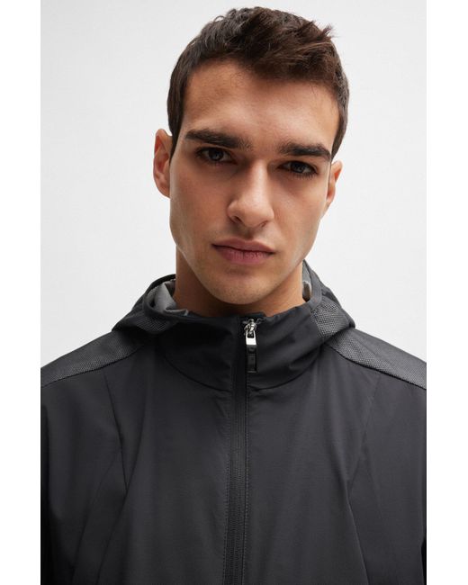 Boss Black Mixed-material Hooded Jacket With Patterned Trims for men