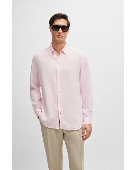 Chemise Regular Fit en lin avec col à pointes boutonnées Boss pour homme en coloris Pink