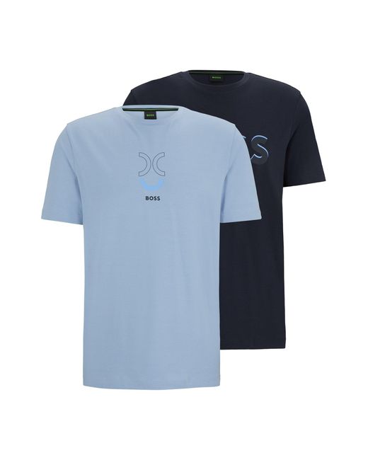 Boss Blue Two-pack Of Stretch-cotton T-shirts With Logo Artwork for men