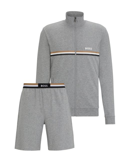 Boss Kurzer Trainingsanzug aus Stretch-Baumwolle mit Signature-Details in Gray für Herren
