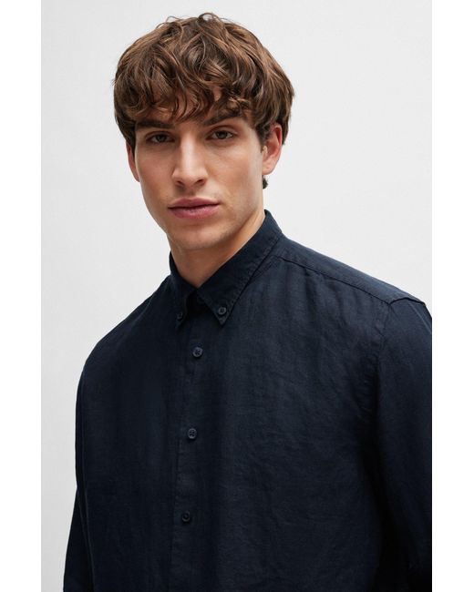 Boss Blue Regular-fit Linen Shirt With Button-down Collar for men