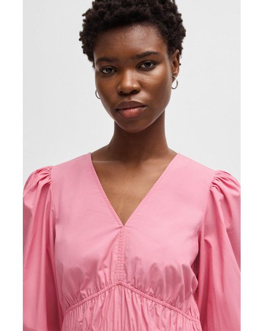 Boss Pink Kleid Aus Baumwoll-Popeline Mit V-Ausschnitt Und Geraffter Taille