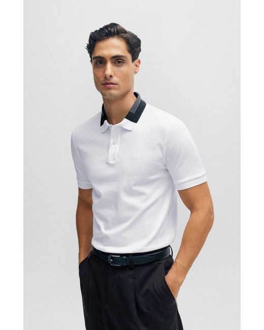 Boss White Interlock-cotton Slim-fit Polo Shirt With Colour-blocked Collar for men
