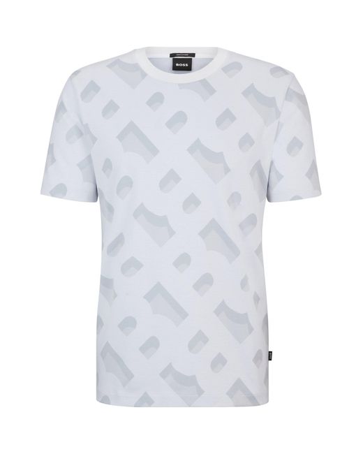 Boss White Monogram-jacquard T-shirt In Mercerized Stretch Cotton for men