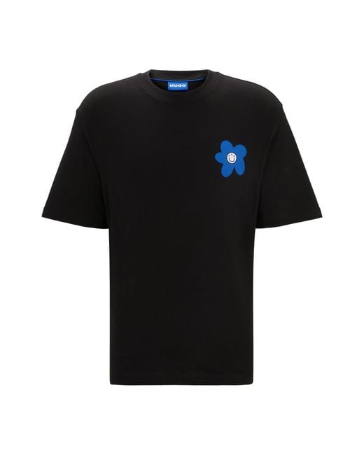 HUGO Black Cotton-jersey T-shirt With Flower Logo Artwork for men