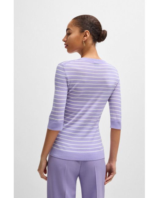 Boss Purple Merino-wool Sweater With Breton Stripes