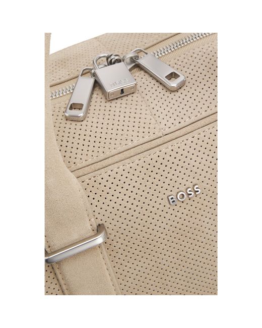 Boss Natural Perforated-Suede Holdall With Metallic Logo Lettering for men