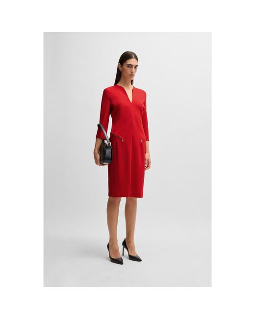 Boss Red V-Neck Dress With Zipped Pockets And Cropped Sleeves