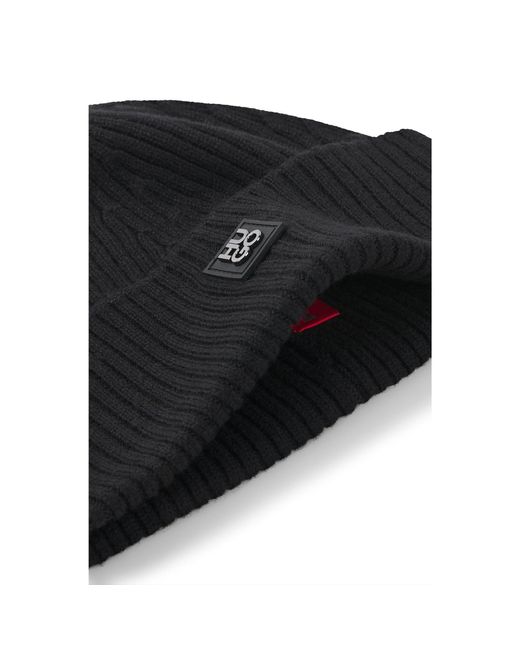 HUGO Black Virgin-Wool Beanie Hat With Stacked Logo for men