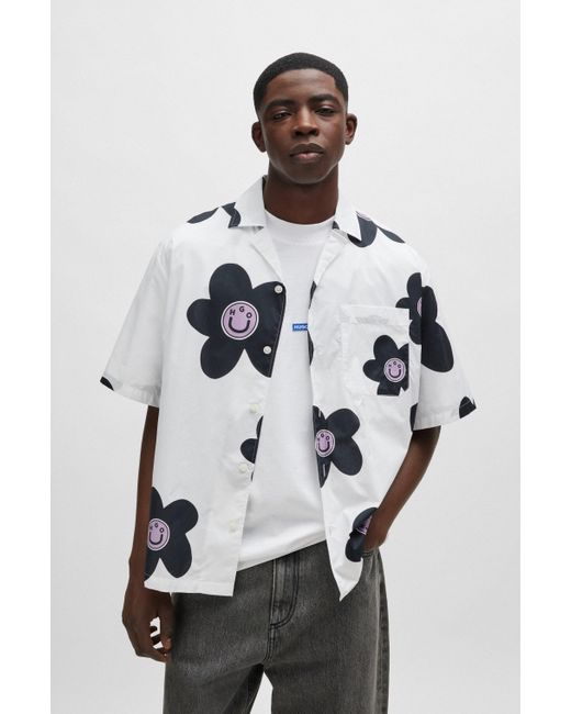 Chemise oversize en popeline de coton avec imprimé à fleurs HUGO pour homme en coloris White