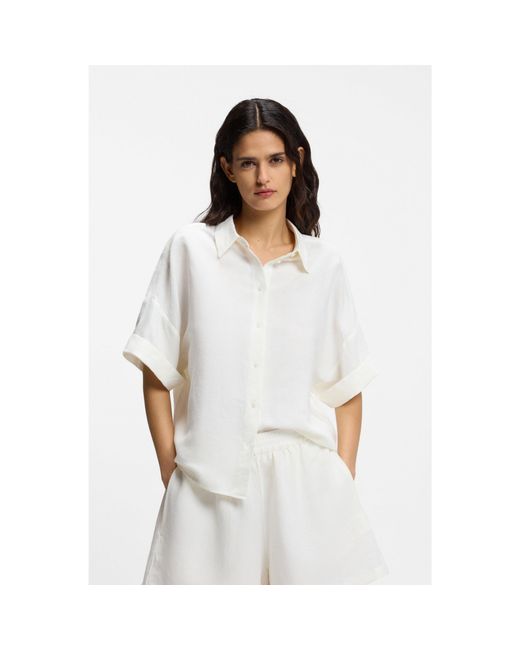 Boss White Regular-Fit Blouse With Rolled Cuffs