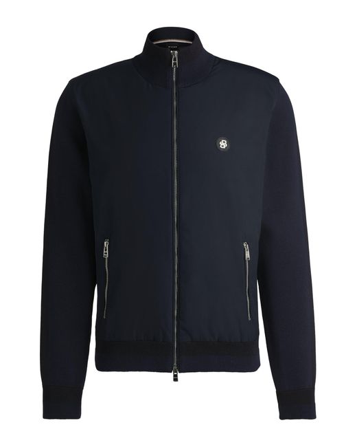 Boss Blue Mixed-material Zip-up Jacket With Double-monogram Badge for men