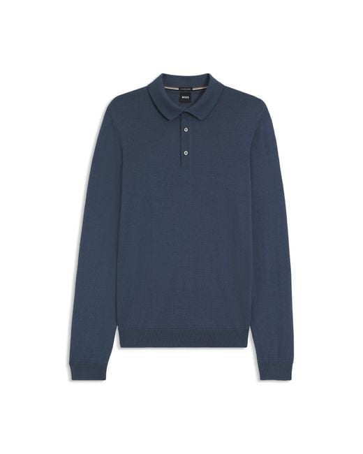Boss Blue Long-Sleeved Knit Polo Sweater for men