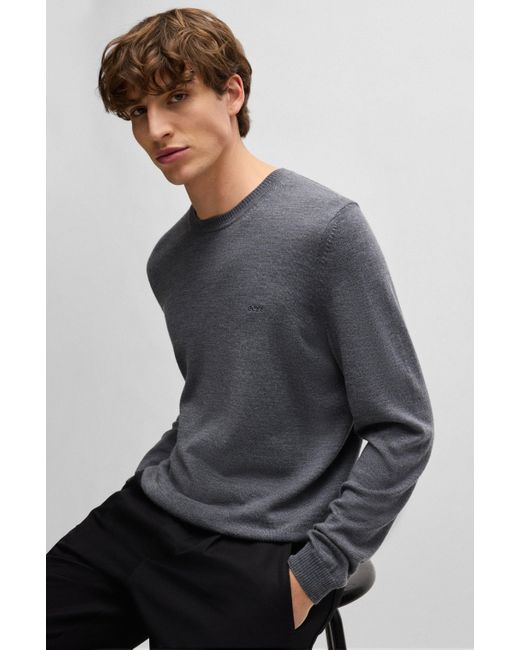 Boss Gray Regular-fit Sweater In Extra-fine Merino for men