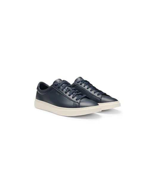 Boss Blue Grained-Leather Trainers With Rubber Sole for men