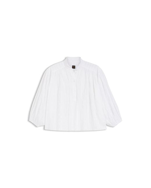 Boss White Relaxed-Fit Cotton Blouse With Balloon Sleeves