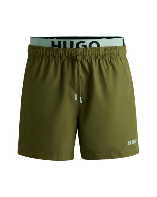 HUGO Green Logo-print Swim Shorts With Double Waistband for men
