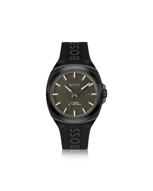 Boss Black Silicone-Logo-Strap Watch With Guilloché Dial for men