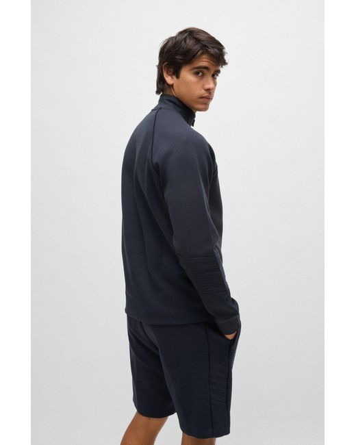 Boss Blue Stretch-cotton Zip-neck Sweatshirt With Emed Artwork for men