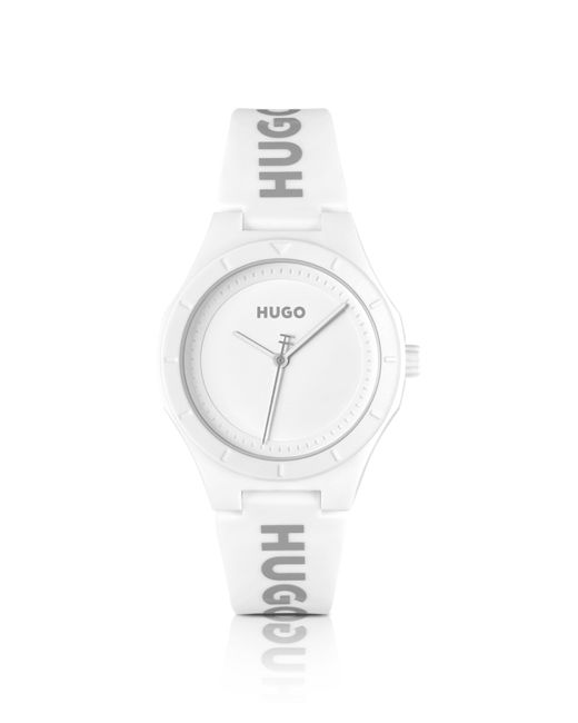HUGO White Uhr mit Logo auf dem Silikonarmband und mattweißem Zifferblatt
