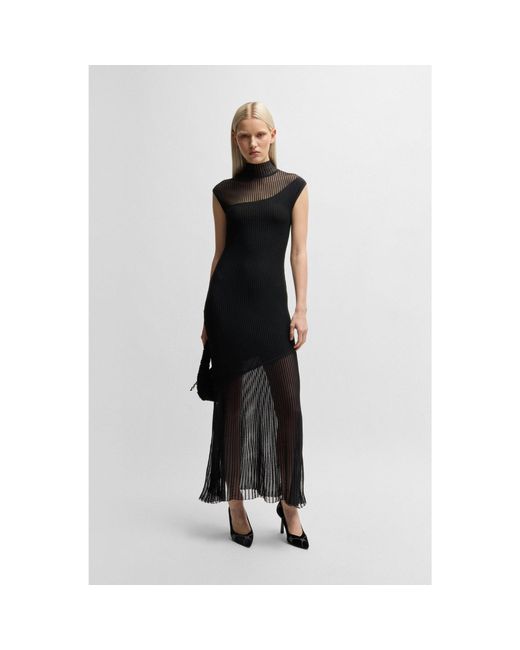 HUGO Black Mock-Neck Ribbed Crepe Midi Dress With Sheer Sections