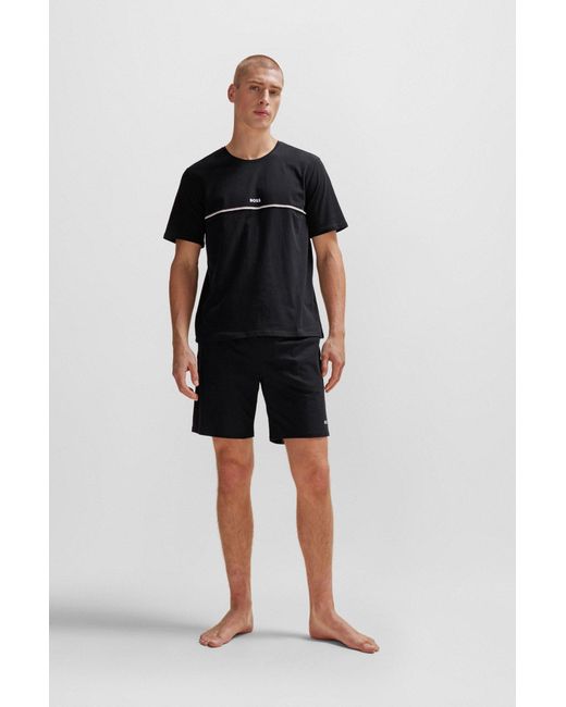Boss Black Stretch-cotton Pyjama T-shirt With Signature Stripe And Logo for men