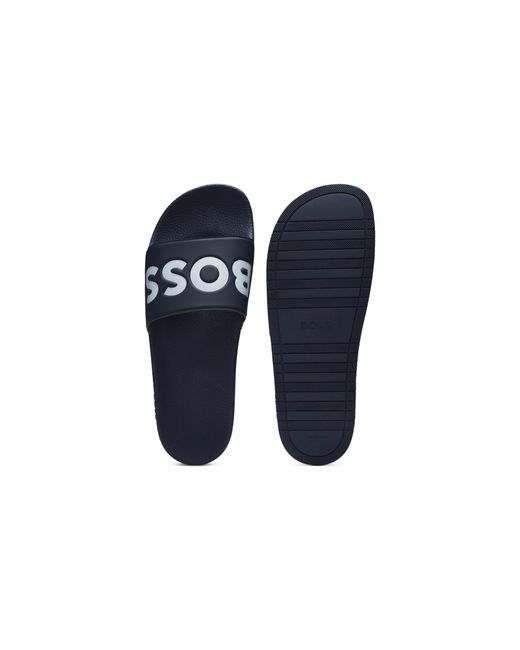 Boss Blue Italian-Made Slides With Large Logo Detail for men