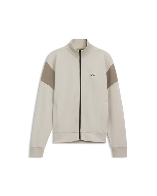 Boss Natural Zip-Up Cotton-Blend Sweatshirt With Contrast Inserts for men