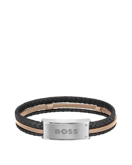 Boss Logo-plate Cuff In Black And Camel Leather for men