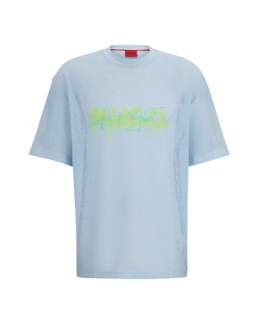 HUGO Blue Mesh Oversized-fit T-shirt With New-season Logo for men
