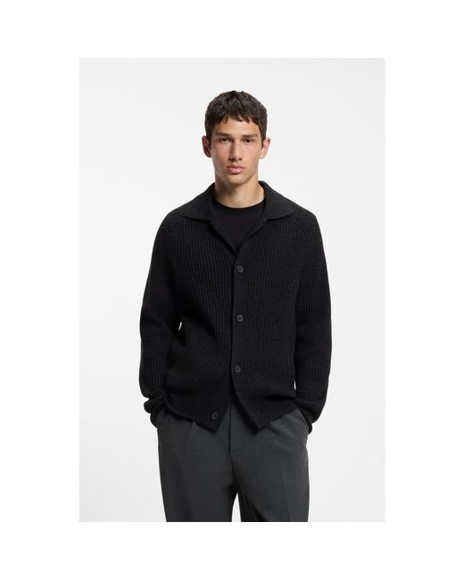 HUGO Black Virgin-Wool-Blend Cardigan With Shirt Collar for men