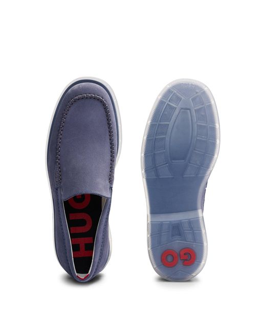 HUGO Blue Suede Loafers With Translucent Rubber Sole for men