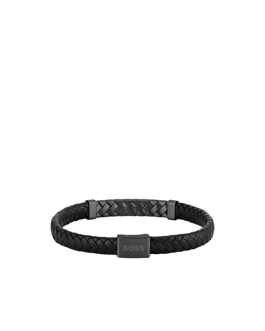 Boss Black Braided-Leather Cuff With Herringbone Hardware for men
