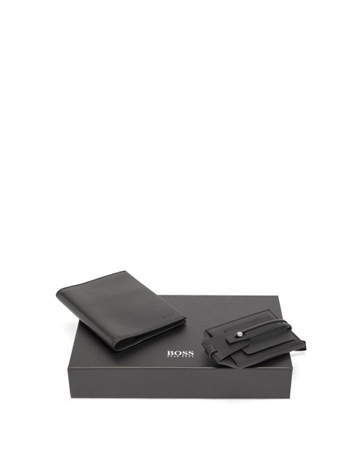 BOSS by Hugo Boss Black Leather Passport Holder And luggage Tag Gift Set for men