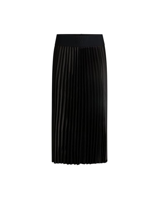 HUGO Black Plissé Maxi Skirt With Logo Waistband