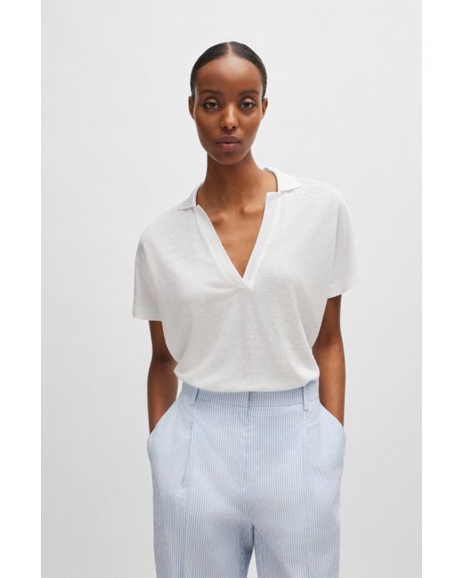 Boss White Linen-blend Top With Johnny Collar