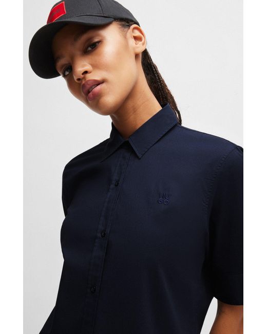 HUGO Blue Regular-fit Blouse In Stretch Cotton With Stacked Logo