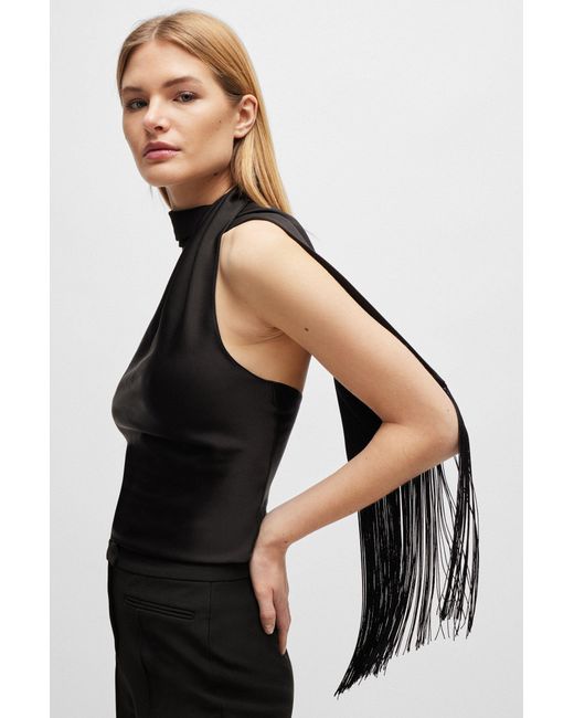 Boss Black One-shoulder Blouse With Fringed Scarf Detail