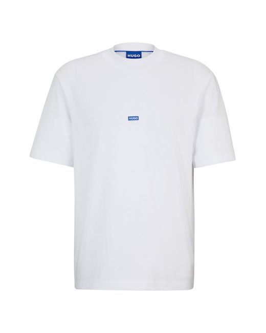 HUGO White Cotton-jersey T-shirt With Blue Logo Patch for men