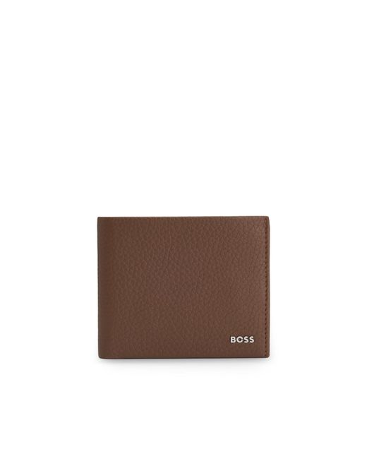 Boss Brown Grained-Leather Folding Wallet With Polished Logo Lettering for men