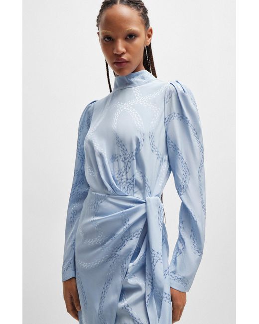 HUGO Blue Tie-front Mock-neck Dress With Chain Jacquard