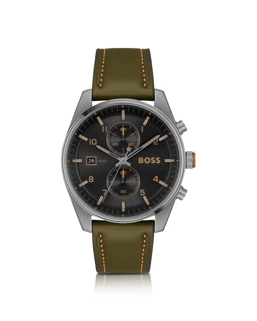 Boss Black-dial Chronograph Watch With Green Leather Strap for men